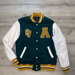 Aeropostale Green and White Varsity Jacket with Gold Accents